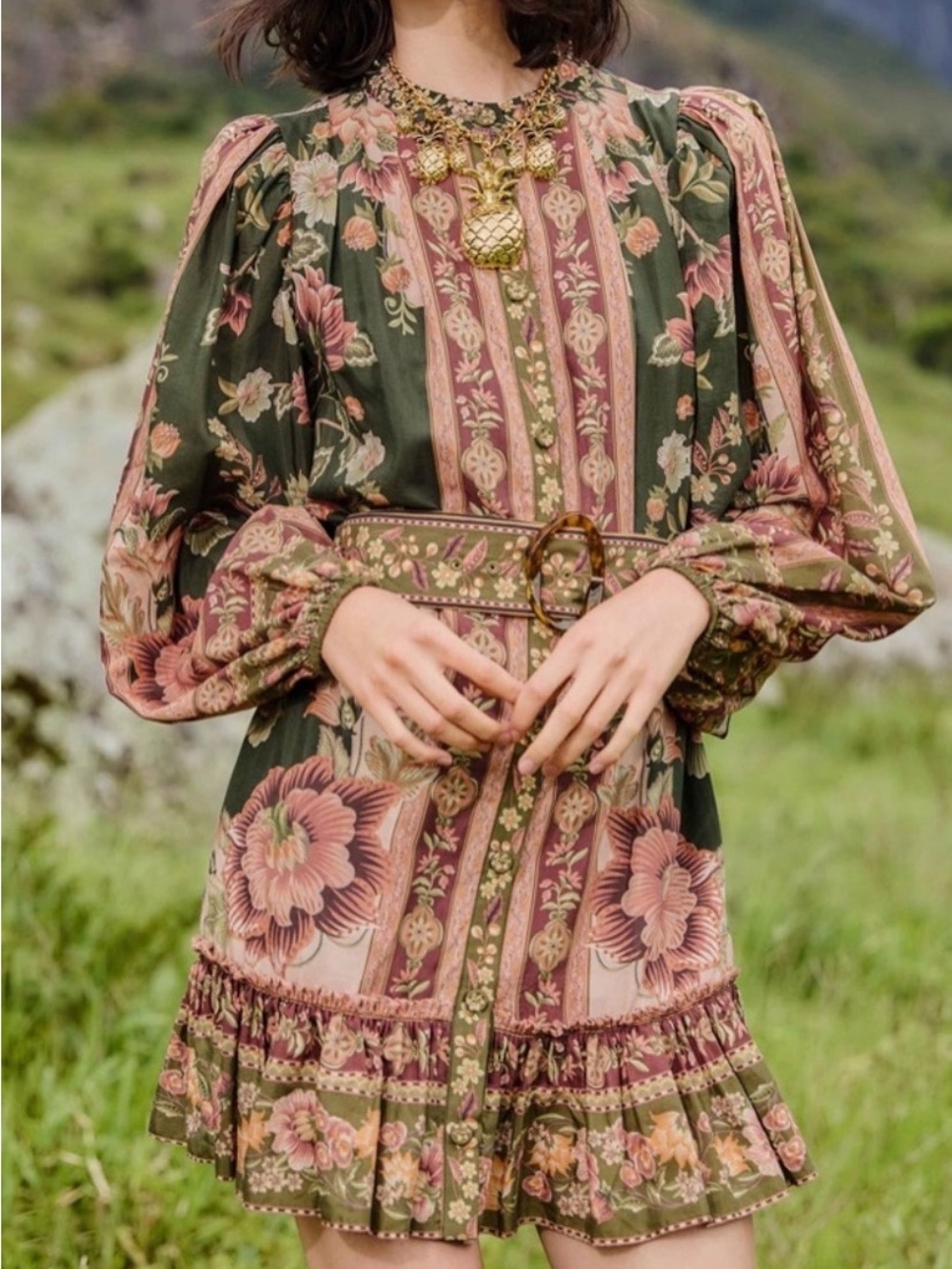 Farm Rio Floral Long-Sleeve Mini Dress in Olive and Rose